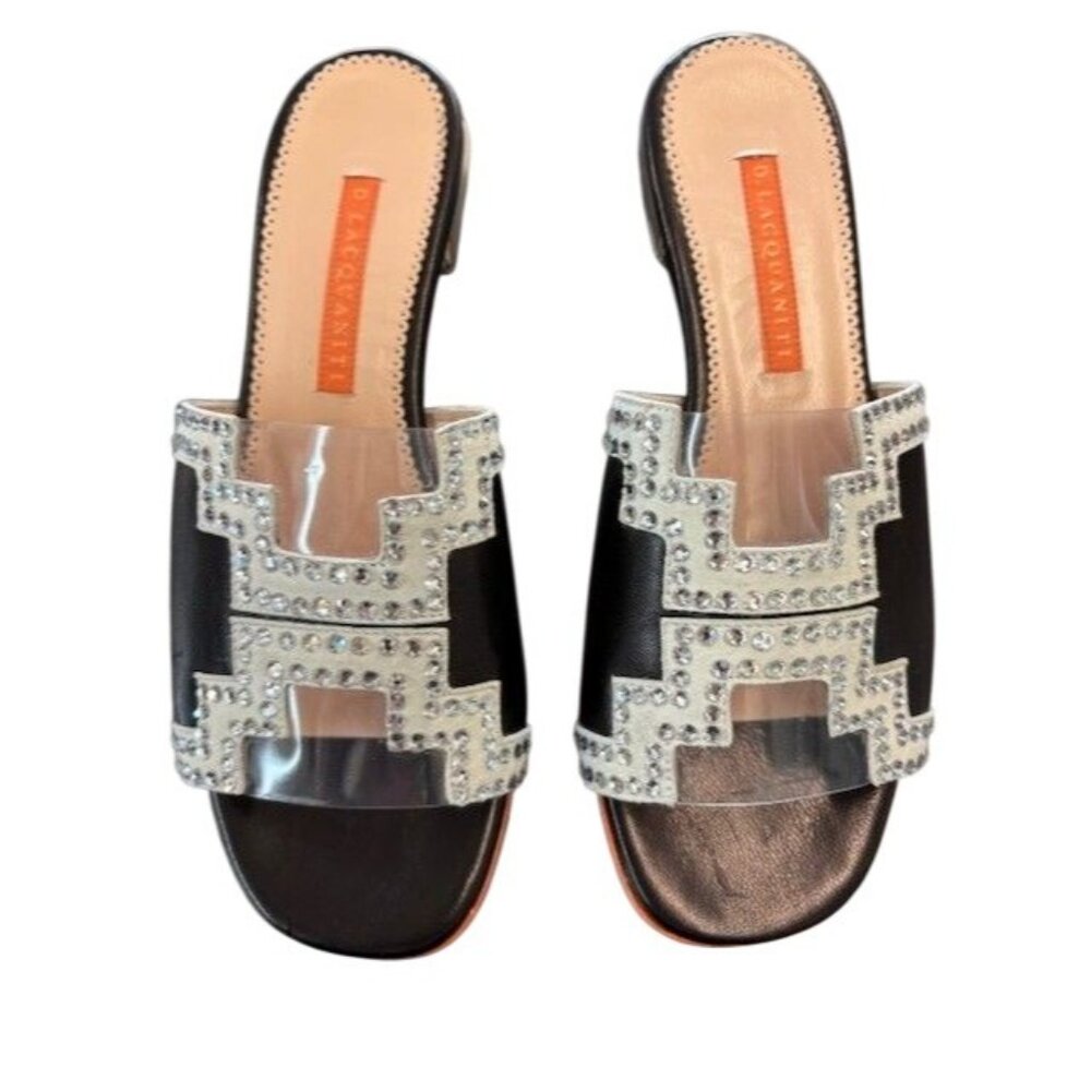 D. Lacquaniti Crystal Embellished Black Leather & Clear PVC Slide Sandals - Picture 2 of 3